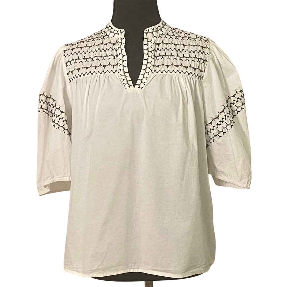 Calligraphie White Embroidered Peasant Blouse Cotton Boho Puff Sleeve Top Small